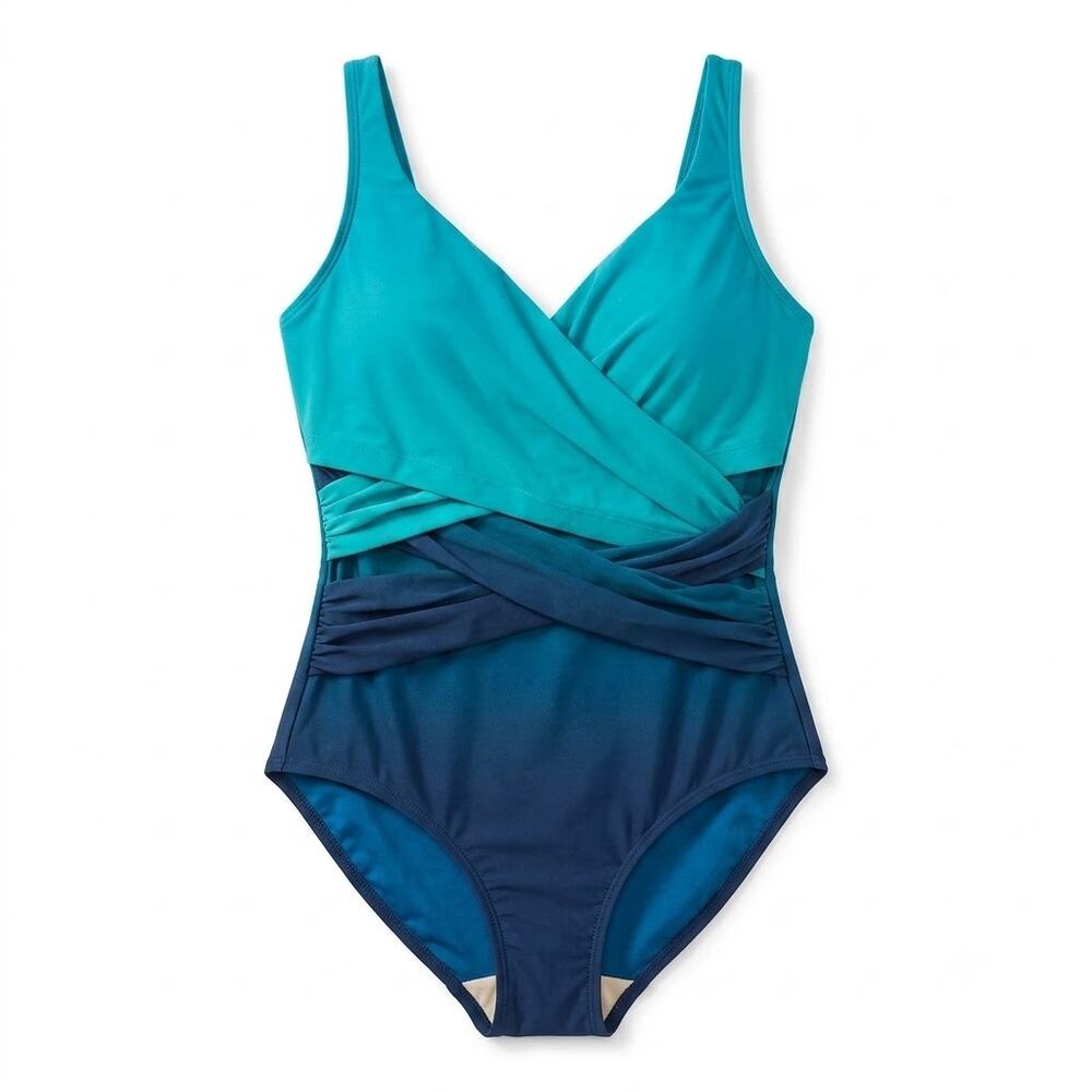 Lands End SlenderSuit Tummy Control Wrap One Piece Swimsuit Ombre Womens 22W DD